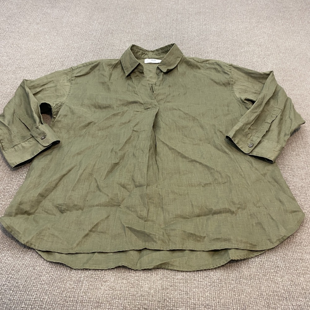 Uniqlo Shirt Womens Small Green Linen 3/4 Sleeve Roll Tab Pullover Tunic Top